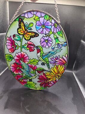 Bridgeton Hall Hummingbird /Butterfly Handcrafted Stained Glass Suncatcher Chain